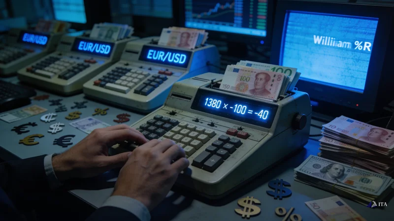 Currency exchange floor at midnight where multiple vintage mechanical calculators display EUR/USD calculations.