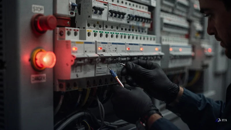Safety engineer's hands installing an automatic circuit breaker system where multiple switches are calibrated to trigger.