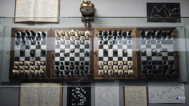 Chess master's study where multiple chess boards show different game positions, each representing various Williams %R signal.