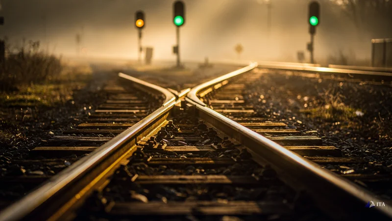Two railway tracks converging at a golden hour junction point, where the steel rails gleam like precious metal.