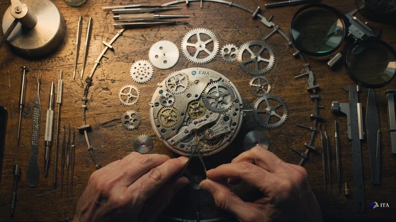 Master watchmaker's workbench where precision tools are arranged around an open luxury timepiece mechanism.