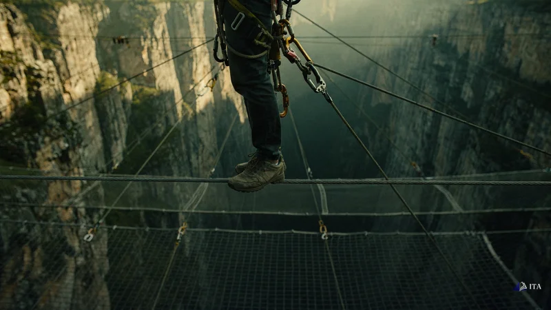 Tightrope walker's feet positioned on a cable suspended over a deep canyon.