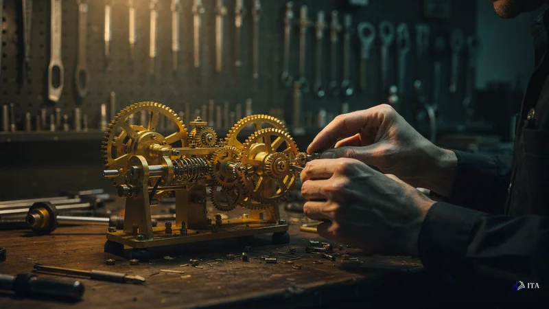 Master craftsman's hands putting the finishing touches on a precision-engineered golden mechanical device.