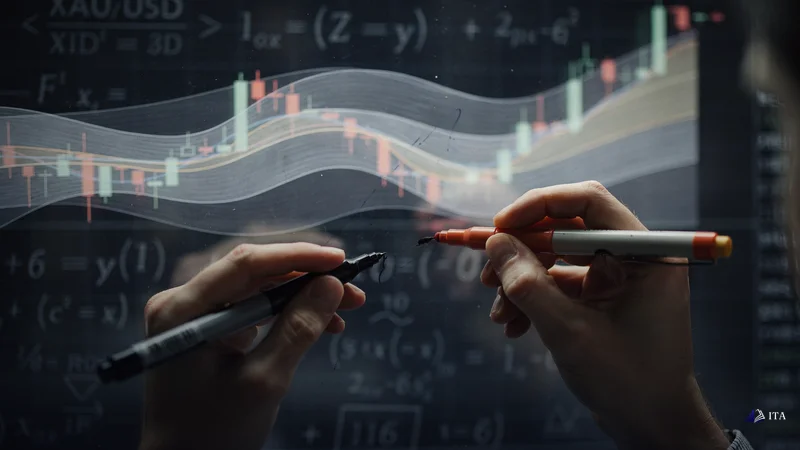 Quantitative analyst's hands drawing probability zones on transparent glass overlaying a XAU/USD chart.