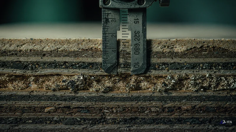 Precision measuring device calibrating the thickness of layered geological sediment samples.