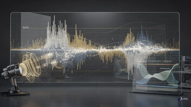 Volume profile specialist's laboratory where massive transparent displays show XAU/USD transaction concentrations appearing $.